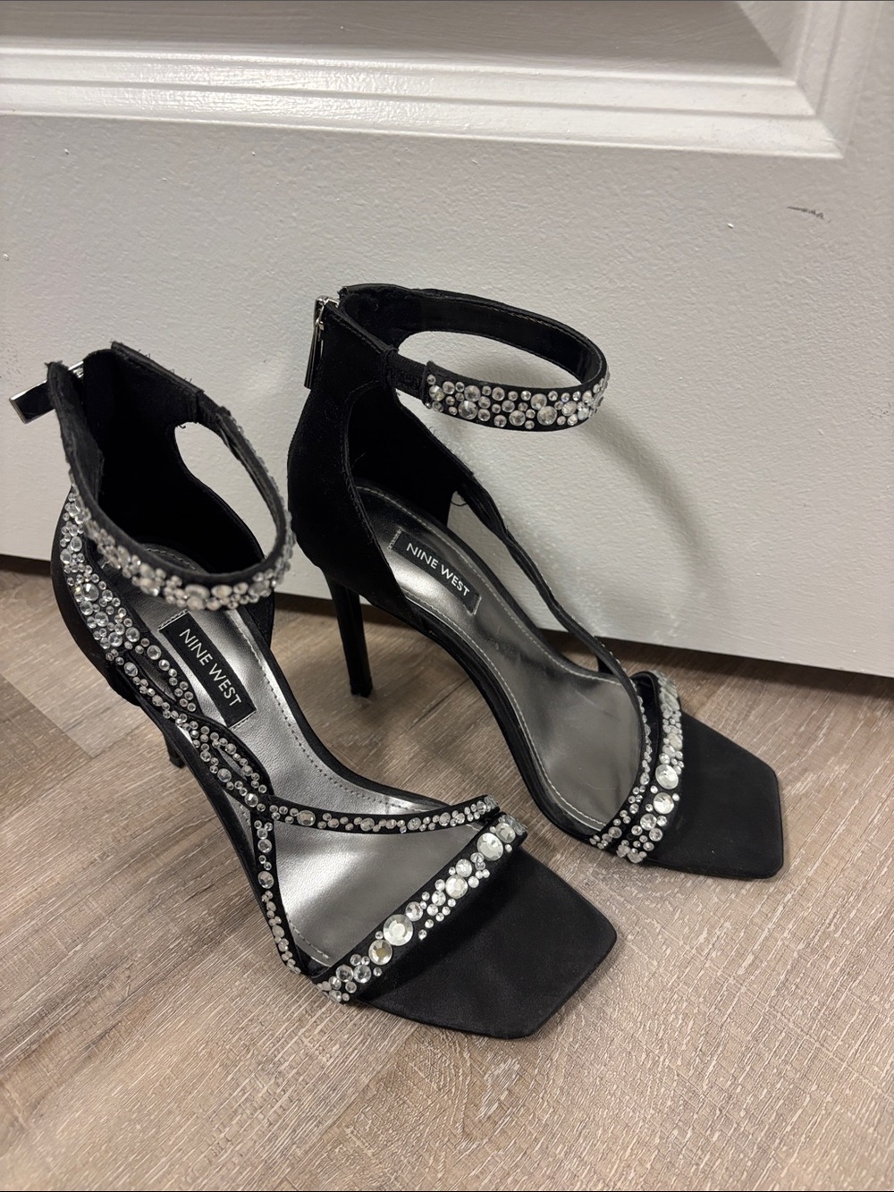Nine West Black Crystal-Embellished Ankle-Strap Stilettos